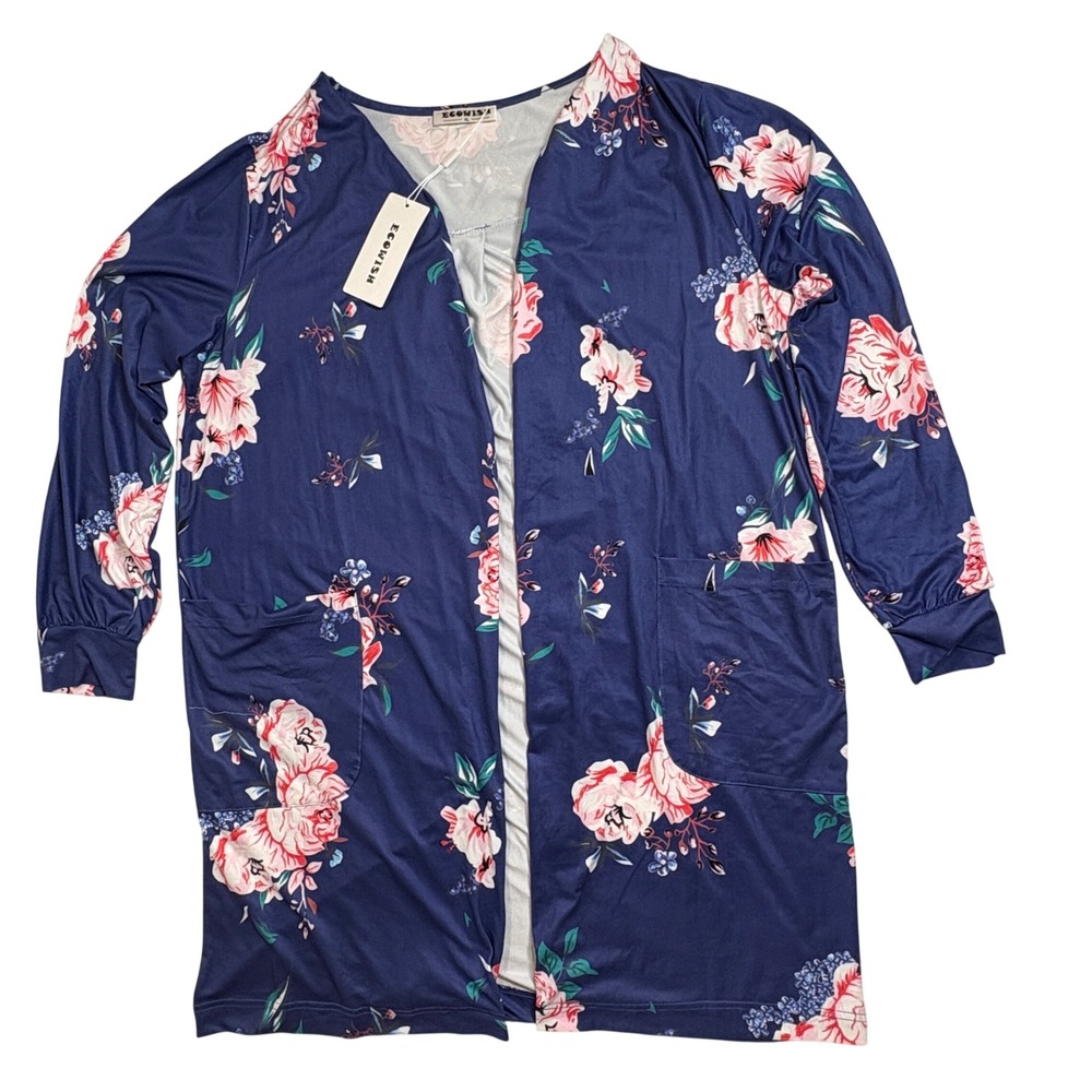 ECOWISH Cardigan Women XL Navy Floral Open Front Long Sleeve Lightweight Kimono‎